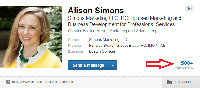Alison Simons home page with red arrow pointing at 500+ connections